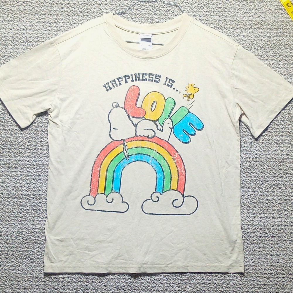 #F6-Peanuts Unisex L Beige Cotton Blend Knit C Neck Snoopy Woodstock Pride Tee